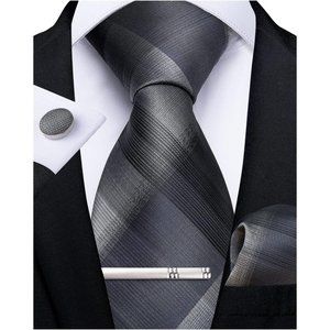 Men's Stripe Plaid Tie Silk Necktie Woven Pocket Square Cufflink Tie Clip Set